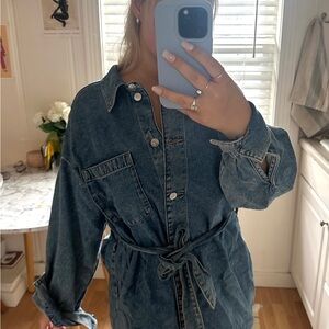 H&M Long Sleeve Medium Dark Denim Dress with tie waist